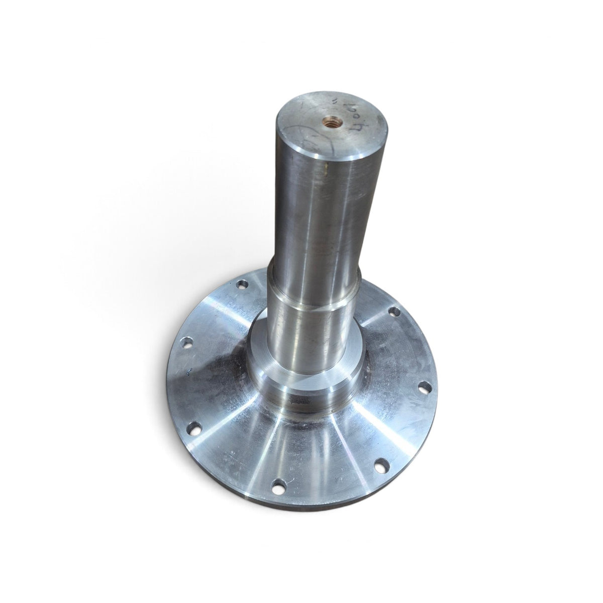 McLanahan log washer stub shaft standing on its 17 inch eight-bolt flange, journal end drilled and tapped
